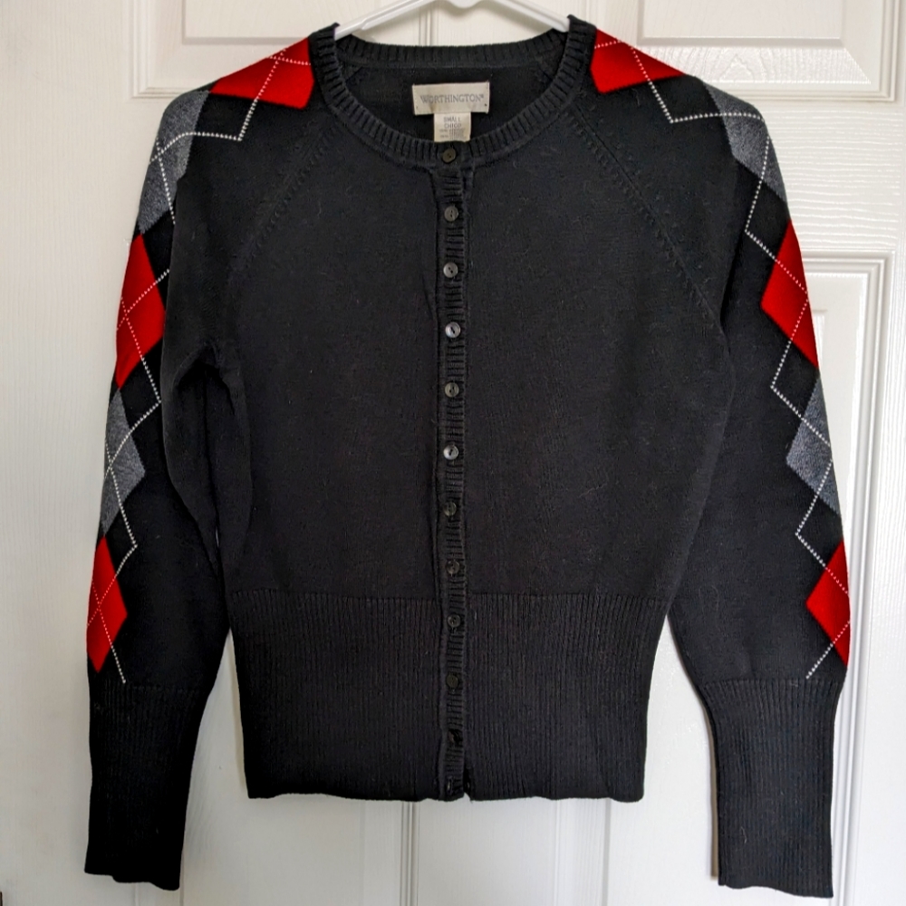 Worthington Black Sweater with Red and Gray Accents
